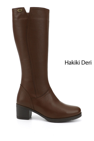 GÖNDERİ(R) Dark Brown Floater Genuine Leather Round Toe Rubber Sole Heeled Zi...