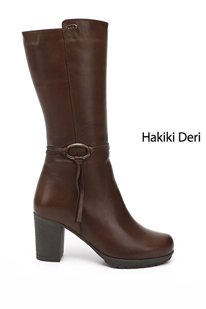 GÖNDERİ(R) Women/Girls Brown Antique Zippered Thick Heeled Genuine Leather Boots