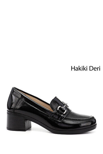 GÖNDERİ(R) Women's Black Patent Leather Short Thick Heeled Genuine Leather Shoes