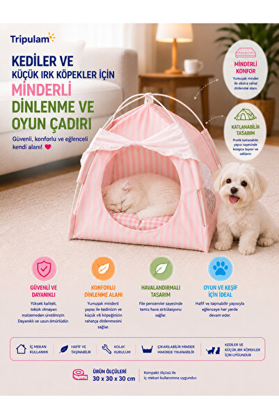 TRİPULAM Minderli Evcil Hayvan Dinlenme ve Oyun Çadırı – Katlanabilir Kedi ve...