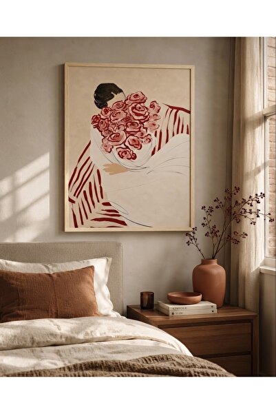 Boho wellness studio Çiçek Buketli Kadın İllüstrasyonu Çerçeveli MDF Tablo