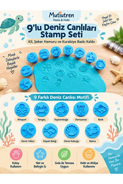 Genel Markalar 9 Adet Farklı Deniz Canlıları Stamp Seti – Kil, Şeker Hamuru v...