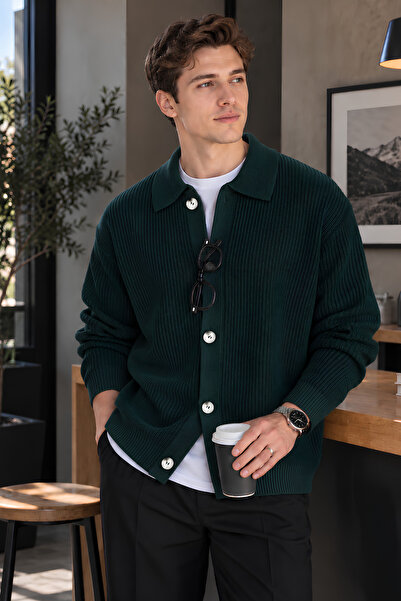 GENIUS STORE Men's Cardigan Oversize Fit Buttoned Polo Collar Knitwear Sweate...