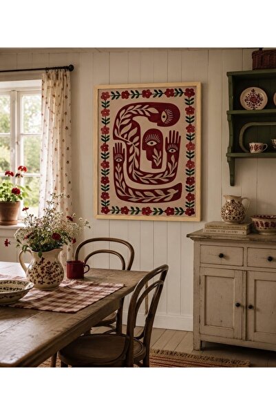 Boho wellness studio – Folk Symbols Çerçeveli MDF Duvar Tablosu | Kırmızı Fol...