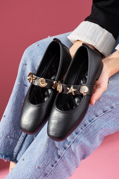 FUGA MODA Marina Black Patent Leather Seashell Star Accessory Strap Ballerinas