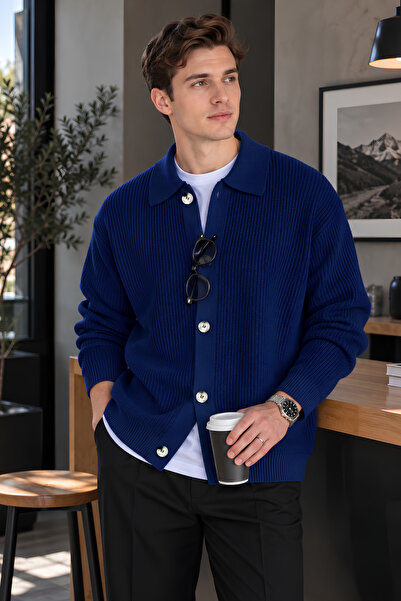 GENIUS STORE Men's Cardigan Oversize Fit Buttoned Polo Collar Knitwear Sweate...