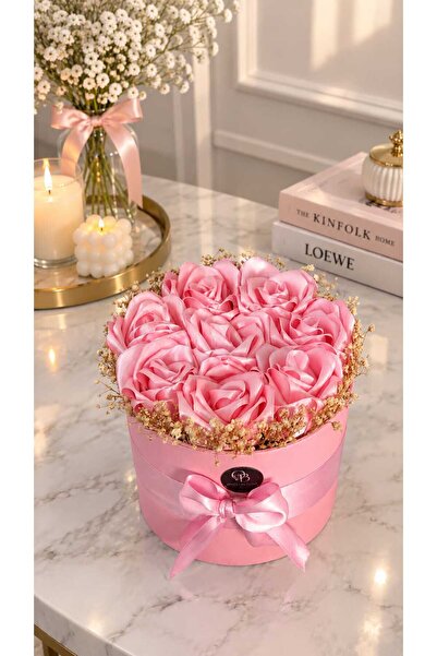 oncelbloom 8'Li Pembe Gül Aranjmanı Led Işıklı Pembe Kutulu El Yapımı Saten H...