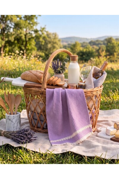Lorenzella Set of 6 Waffle Textured Laced Kitchen Towels - Dowry Cleaning Cloth (4 Lilac + 2 Cream)