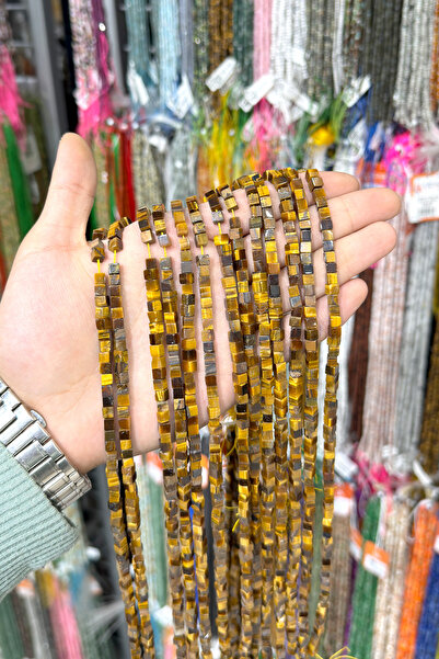 Uçar Doğaltaş Kaplan Gözü Taşı Küp Kesim Parlak Kahverengi 4x4mm Doğal Taş Di...