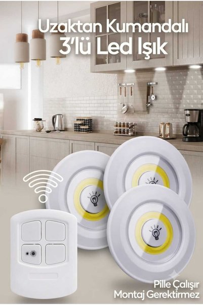 Funny Life Pilli Uzaktan Kumandalı Montajsız Yapışkanlı 3'lü Spot Led Işık La...