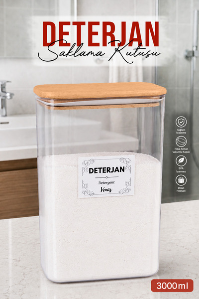 naturelove Ahşap Vakumlu Kapaklı Toz Deterjan Kutusu 3 Litre (2,5 KG Kapasiteli)