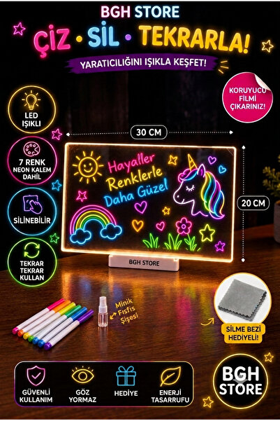 BGH STORE LED Işıklı Çizim ve Yazı Tahtası | 7 Renk Neon Kalemli | Sil Çiz Te...