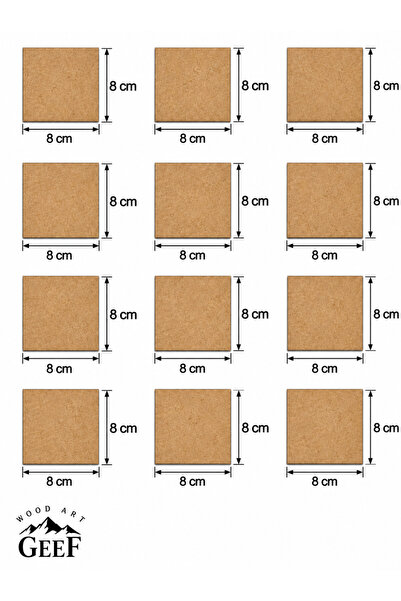 Geef Wood Art Supla Levha 12 Adet 3 Mm Ham Mdf 8 Cm X 8 Cm Kare Lazer Kesim