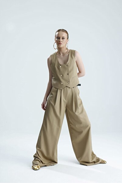 GACA COLLECTION Hila Palazzo Premium Bej Pantolon