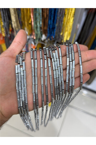 Uçar Doğaltaş Hematit Taşı Silindir Kesim Parlak Gümüş 4x13mm Doğal Taş Dizi