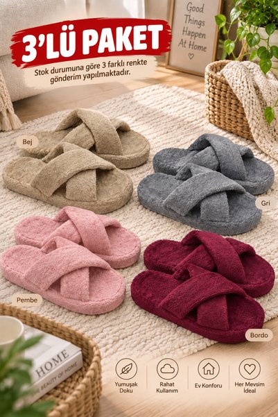 Moda Frato Modafrato 3'lü Paket Çapraz Kadın Terlik Ev Terliği