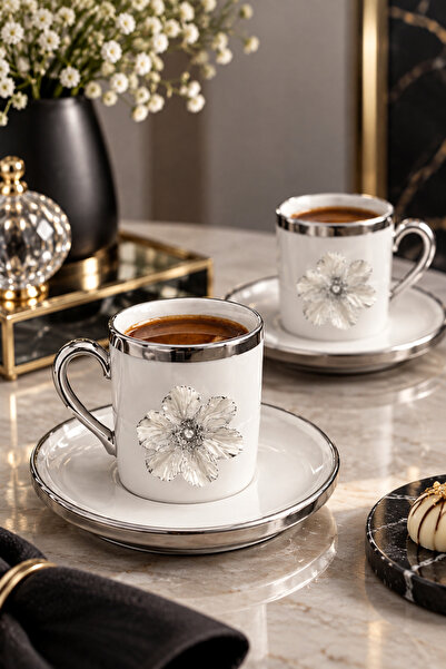YzHome 2 Li Gümüş Yaldızlı Porselen Lotus Çiçek Kahve Fincan Takımı 100ml