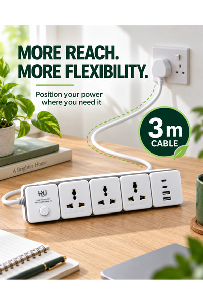HU HAPPY USER Extension Power Socket 3 Outlet + USB with 3M Cable – Multi Plug Power Strip with Switch, High-Quality Copper Extension Board for Home & Office