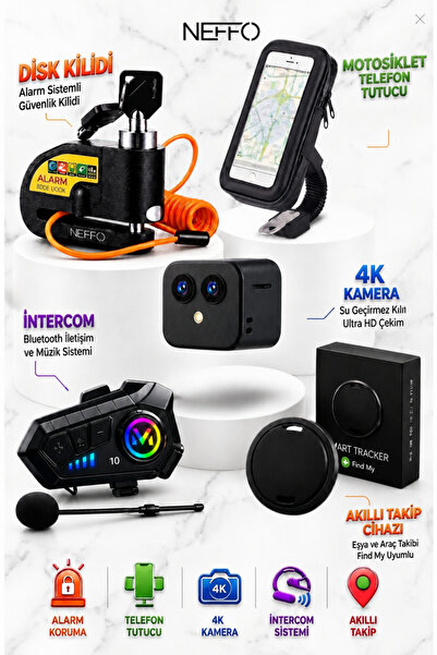 NEFFO Motosiklet Aksesuar Seti Disk Kilidi V20 Intercom Aksiyon Kamera Telefo...