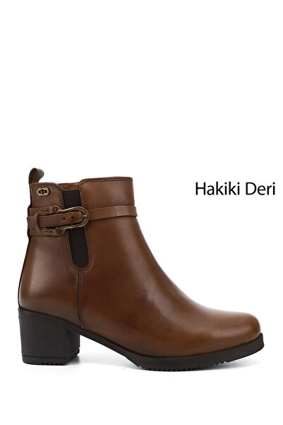 GÖNDERİ(R) Women's Tan Antique Zippered Thick Heeled Genuine Leather Boots