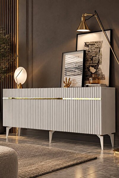 Modova Home 180MHK5BA TEDDY LAZER PLEKSİ DESEN KONSOL ve TV SEHPASI BEYAZ-ALTIN