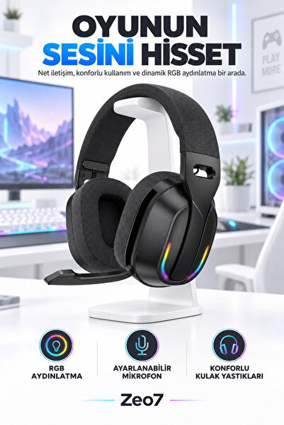 Zeo7 Bluetooth 5.4 Destekli Kablosuz RGB Gaming Kulaklık – 40 mm Dinamik Sürü...