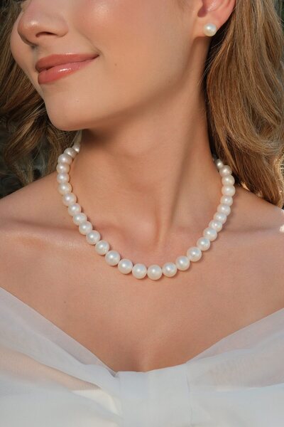 İlkin İnci Set – ST0102 13 MM Doğal Gerçek İnci Kolye, Bileklik ve Küpe Üçlü Set