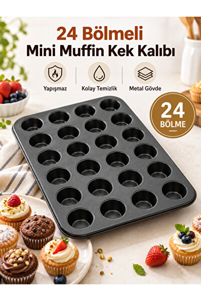 RAMDET 24’lü Mini Muffin Kek Kalıbı 35x27 cm Yapışmaz Metal Cupcake Kek Tart ...