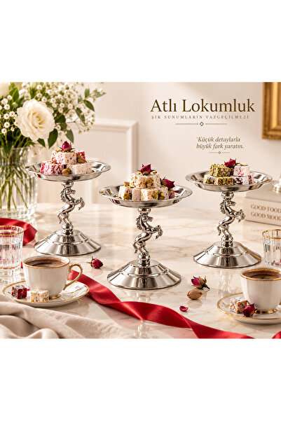 Fiyakalı Ürünler Atölyesi 3'lü Atlı Gümüş Lokumluk, Çay ve Kahve Yanı Sunumlu...