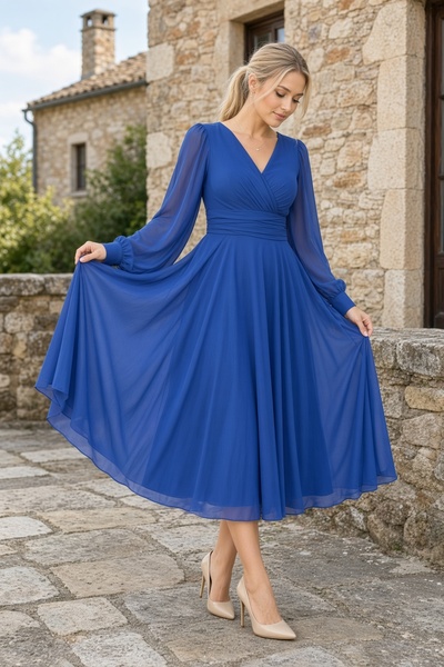 FaBe Fashion Uzun Kollu Kruvaze Yaka Midi Şifon Elbise