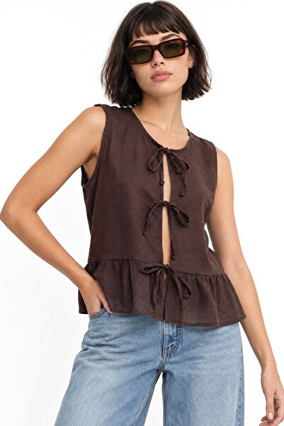 Hiccup Mixray Ruffled Front Lace-Up Blouse