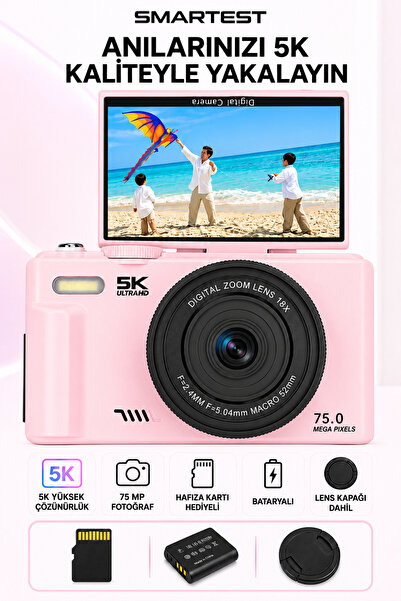 SMARTEST 5K Dijital Retro Video Kamera 75MP 18X Zoom Flaşlı (64GB) Kart Dijit...