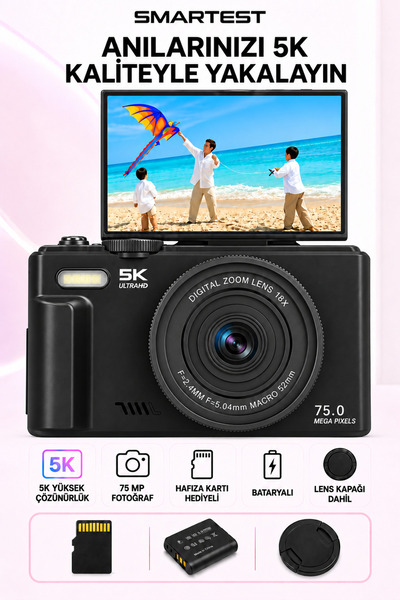 SMARTEST 5K Dijital Retro Video Kamera 75MP 18X Zoom Flaşlı (64GB) Kart Dijit...