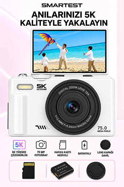SMARTEST 5K Dijital Retro Video Kamera 75MP 18X Zoom Flaşlı (64GB) Kart Dijit...