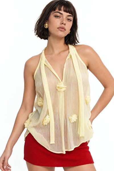 Hiccup Mixray V-Neck Lace-Up Flounce Blouse