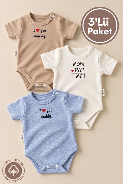 miniel organic Unisex Baby 100% Cotton I Love Family Printed 0-12 Months 3-Pi...