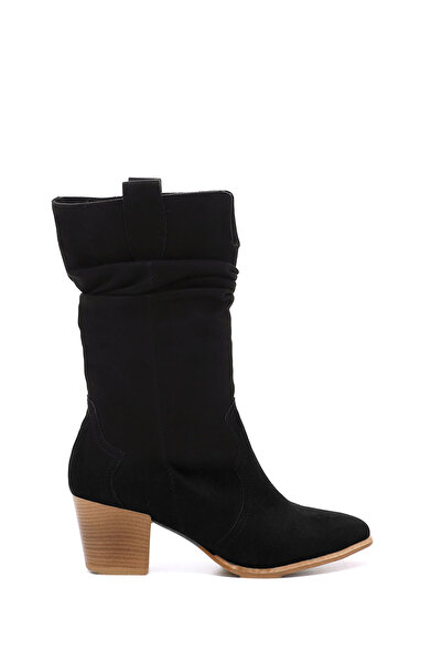 GÖNDERİ(R) Women's Black Suede Pointed Toe Thick Heeled Cowboy Boots