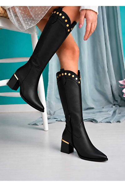LZ SHOES Kadın Siyah Western Kovboy Çizme – Gold Dokunuşlu Sivri Burun