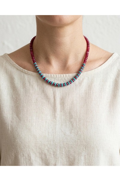 elinasaccessories Turquoise Red Agate Natural Stone Necklace 42 cm Handmade C...