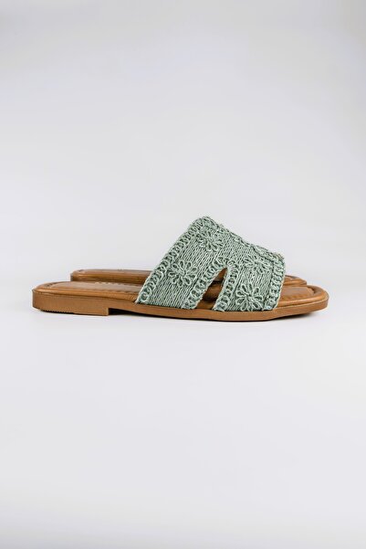 UNDERRATED Women's Green Knitted Straw Genuine Leather Stylish H Slippers
