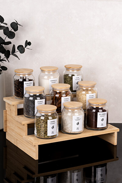 dnshome 9-Piece Wooden Lid and Bamboo Stand Spice Jar Set with Spice Labels, ...