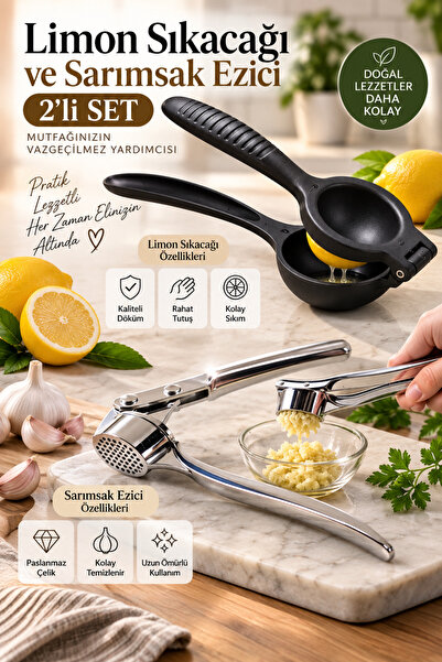 Tasarım Evi 2-Piece Lemon Squeezer / Garlic Crusher Set Cast Iron