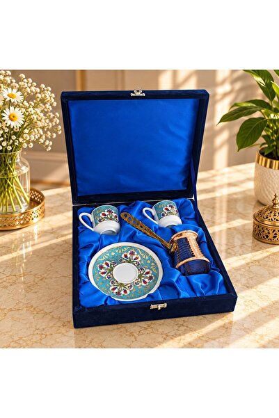 Nihal Süeda Velvet Boxed Copper Coffee Pot Palace Model Double Porcelain Cup Set