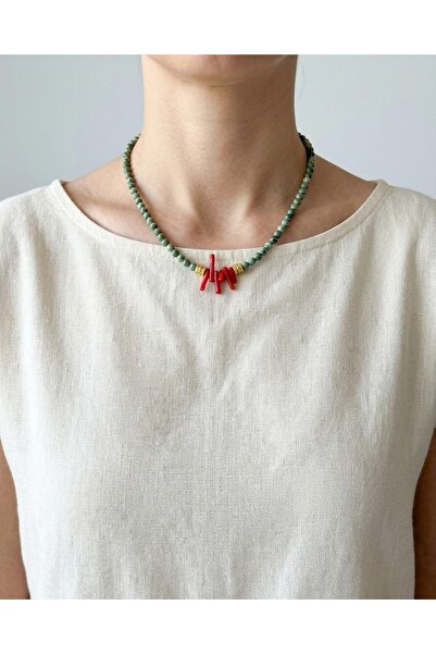 elinasaccessories Turquoise Coral Natural Stone Necklace 42 cm Handmade Red B...