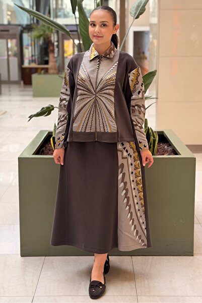 Ghisa Ethnic Patterned Zippered Jacket Skirt Set
