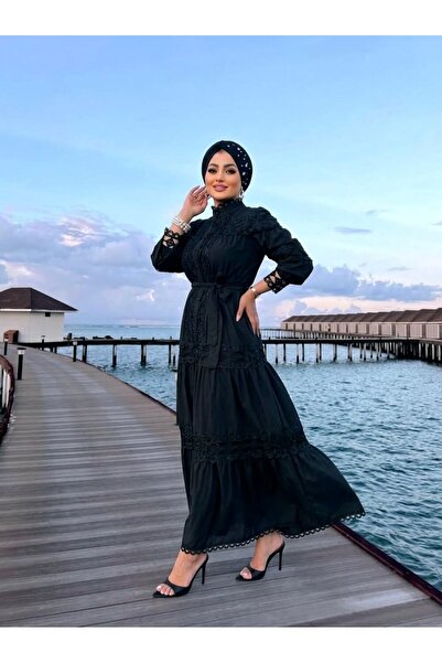 Moda Nurhan Siyah İthal Fransız Dantel Elbise