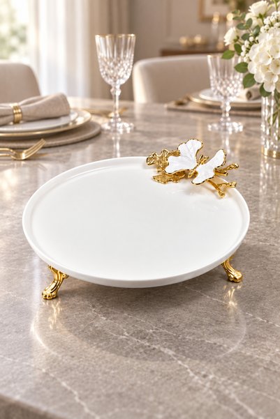 MAY HOME White Butterfly Taban Ayaklı Porselen Tabak