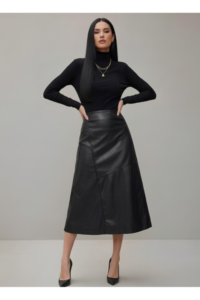 Mek-Up Swarıus Asymmetrical Sewing Λεπτομερής Γυναικεία Δερμάτινη Φούστα Μαύρη