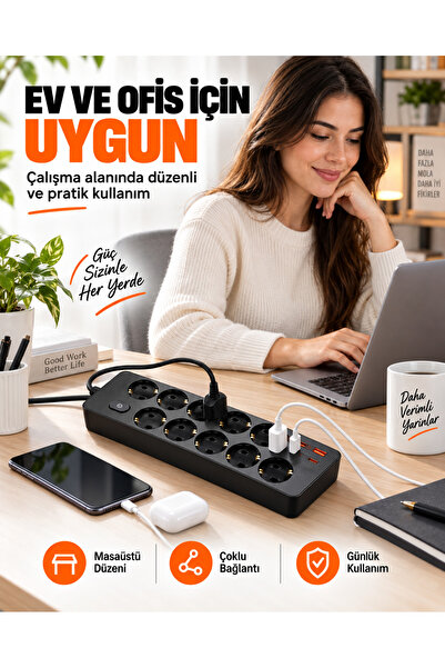 EN SİGA Pro Akım Korumalı Topraklı 10'lu Çoklu Priz 2 USB-C 2 USB-A Çıkışlı 2500W Anahtarlı Uzatma Prizi