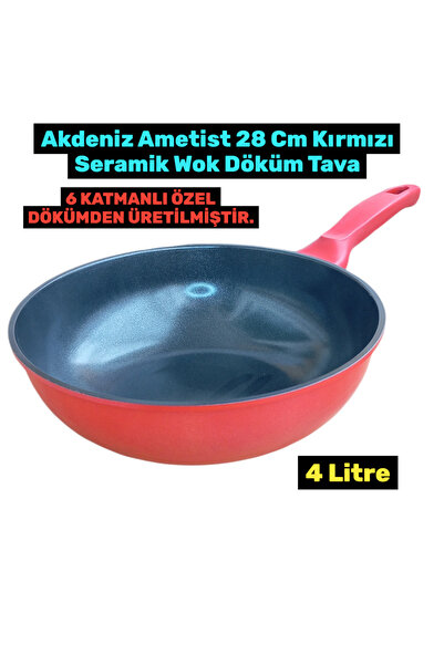 Akdeniz Ametist 28 Cm Bakalit Kulplu İndüksiyon Tabanlı Seramik Kırmızı Wok D...